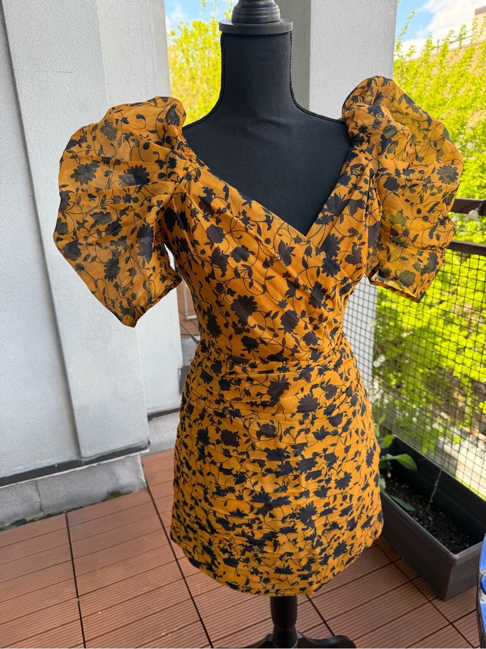 C/MEO Collective Mustard and Black Floral Puff-Sleeve Mini Dress